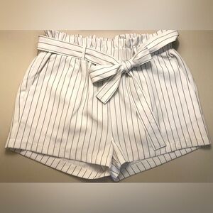 Revamped White Pinstripe High Waist Shorts with Tie Belt
